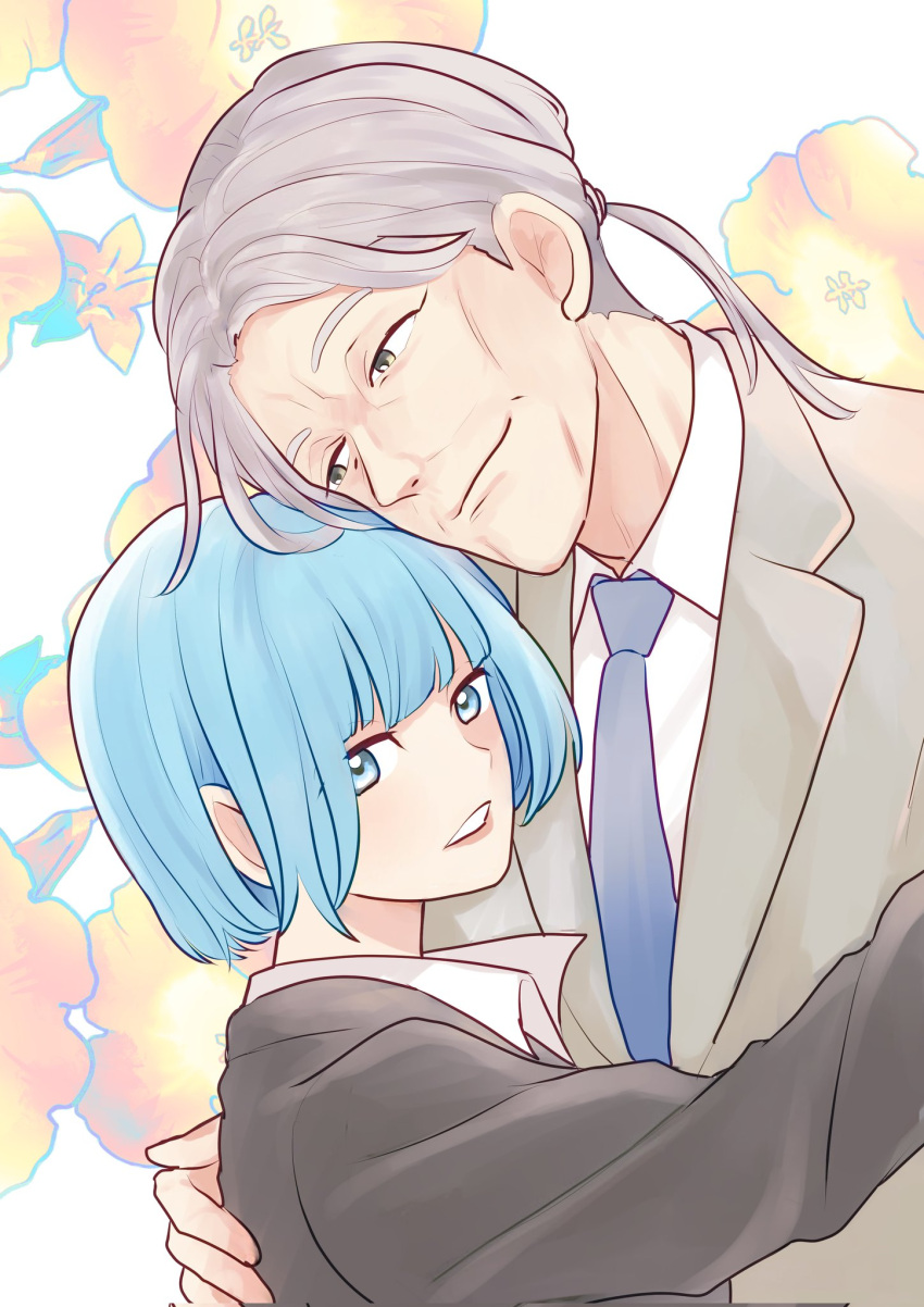 1boy, 1girl, age_difference, blue_eyes, blue_hair, blue_necktie, blunt_bangs, commentary_request