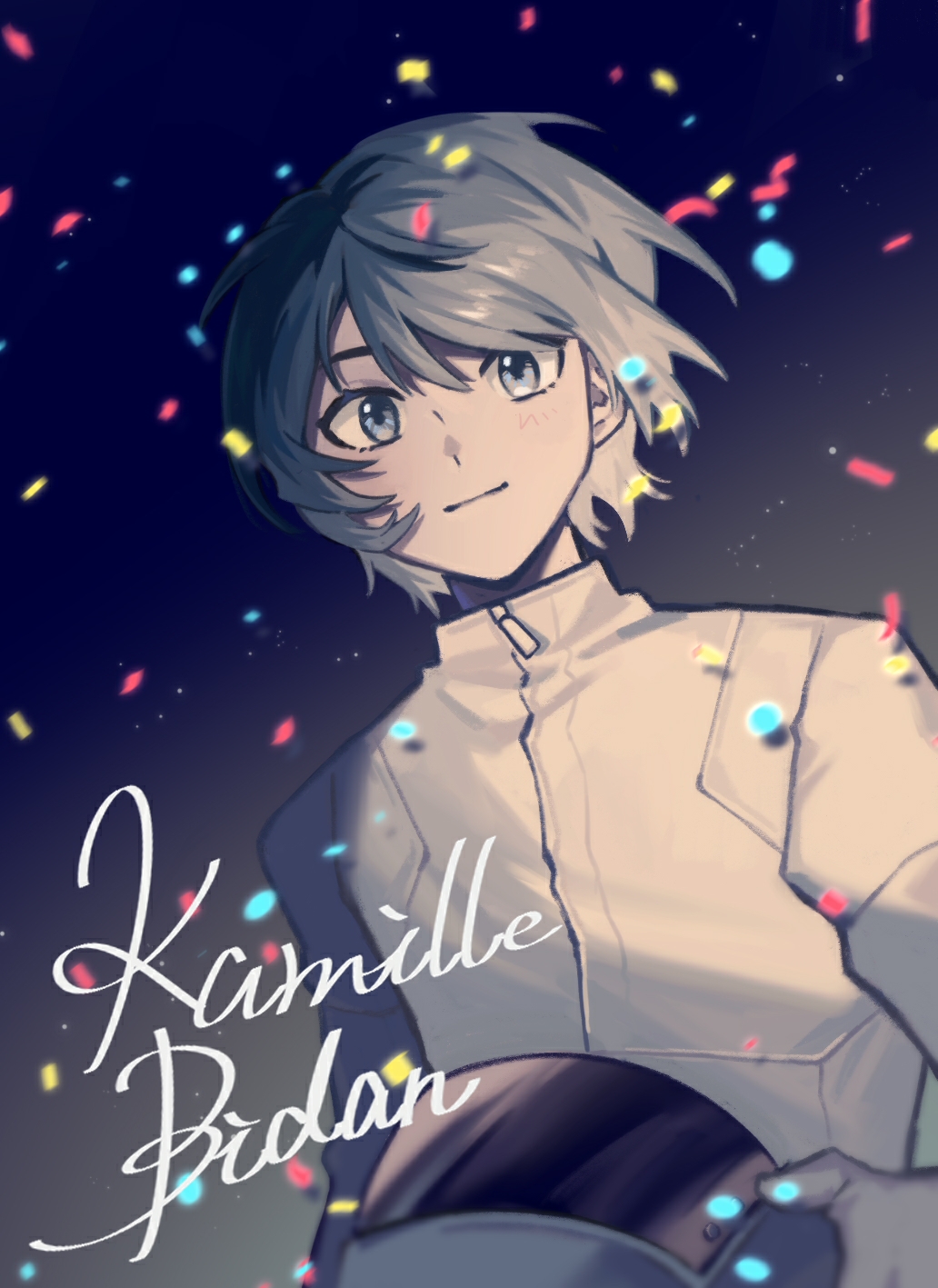 1boy, character_name, chiko_(berry), closed_mouth, commentary, confetti, dutch_angle, gloves