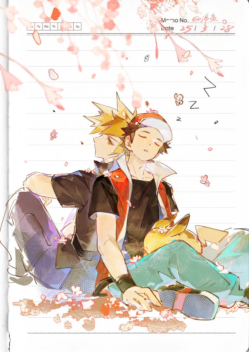 2boys, 2girls, absurdres, back-to-back, baseball_cap, black_shirt, blue_oak, blue_pants