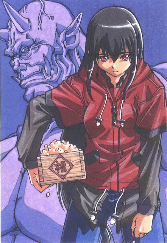 1boy, 1girl, bad_id, bald, black_hair, black_shirt, blue_background, blue_pants, box, closed_mouth, drawstring, food, hair_between_eyes, head_down, holding, holding_box, holding_food, hood, hood_down, hooded_jacket, horns, jacket, kurubushi_(kurubusi), layered_sleeves, long_hair, long_sleeves, looking_at_viewer, mamemaki, muscular, muscular_male, oni, original, pants, pointy_ears, red_eyes, red_jacket, setsubun, shirt, short_over_long_sleeves, short_sleeves, skin-covered_horns, soybean, traditional_media, tusks, veins, veiny_head, very_long_hair, zipper, zipper_pull_tab