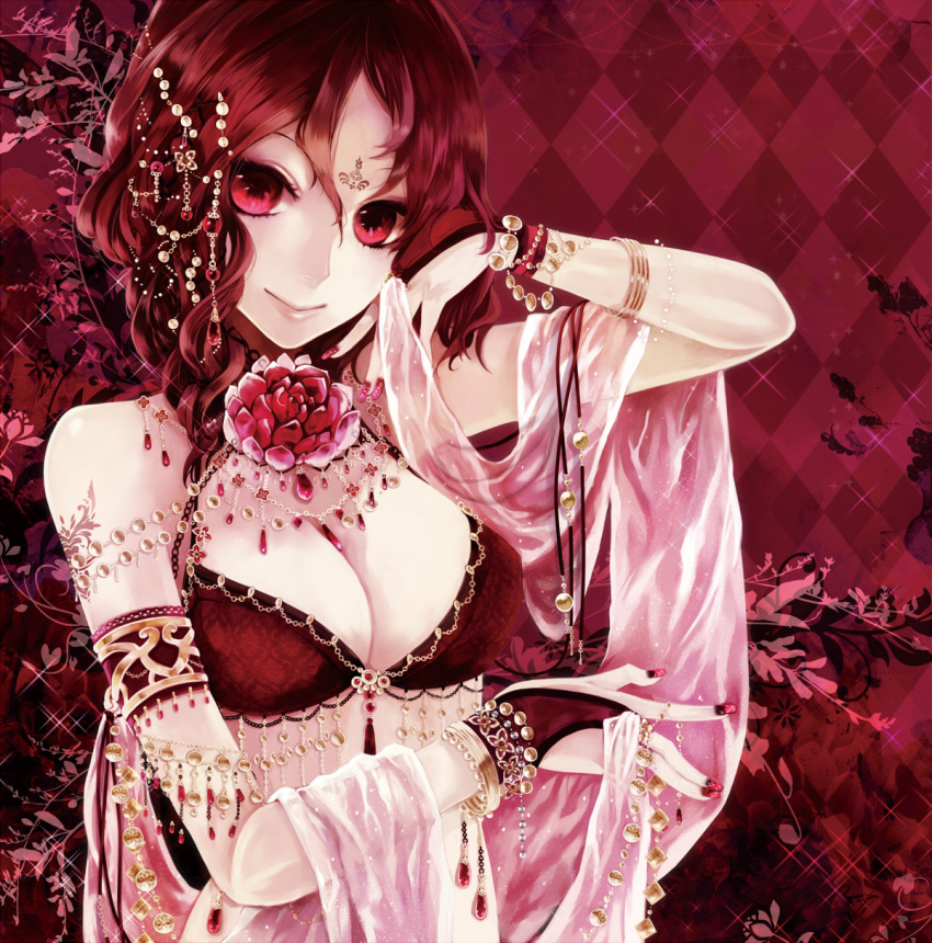 apt, bangs, bare_shoulders, bracelet, breasts, character_request, cleavage, facial_mark, fingerless_gloves, fingernails, flower, forehead_mark, gloves, hair_ornament, highres, jewelry, lips, midriff, nail_art, nail_polish, necklace, original, ponytail, red, red_eyes, red_hair, redhead, smile, solo, sparkle, tattoo, ut_(apt)