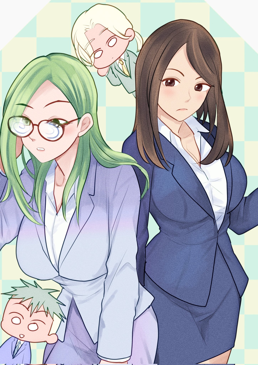 2boys, 2girls, breasts, brown_eyes, brown_hair, chibi, commentary_request, corrupted_file, glasses, green_eyes, green_hair, hand_up, hentai_mugi, highres, long_hair, medium_breasts, midoriko_(trouble_busters), multiple_boys, multiple_girls, office_lady, pencil_skirt, skirt, standing, suit, sukatto!_trouble_busters, tetsu_(trouble_busters), white_hair
