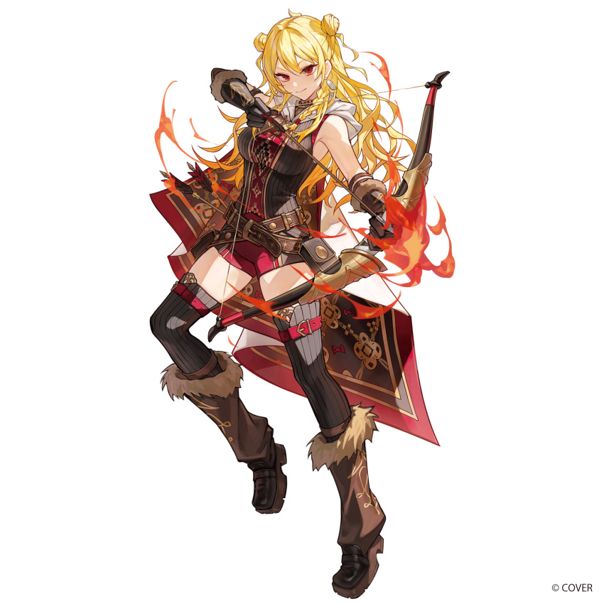 1girl, belt, belt_pouch, black_gloves, black_thighhighs, blonde_hair, bow_(weapon), braid, braided_sidelocks, breasts, brown_belt, brown_leg_warmers, brown_shoes, cape, closed_mouth, commentary, copyright_notice, cranee, double-parted_bangs, double_bun, drawing_bow, full_body, fur-trimmed_gloves, fur-trimmed_leg_warmers, fur_trim, gloves, hair_between_eyes, hair_bun, highres, holding, holding_bow_(weapon), holding_weapon, hololive, hololive_indonesia, hood, hooded_sweater, kaela_kovalskia, kaela_kovalskia_(5th_costume), large_breasts, leg_warmers, official_alternate_costume, official_alternate_hairstyle, official_art, pouch, red_cape, red_eyes, red_shorts, ribbed_sweater, ribbed_thighhighs, second-party_source, shoes, short_shorts, shorts, side_up_bun, sidelocks, simple_background, sleeveless, sleeveless_sweater, solo, sweater, thigh-highs, two-sided_cape, two-sided_fabric, two_side_up, untranslatable_commentary, virtual_youtuber, weapon, white_background, white_cape