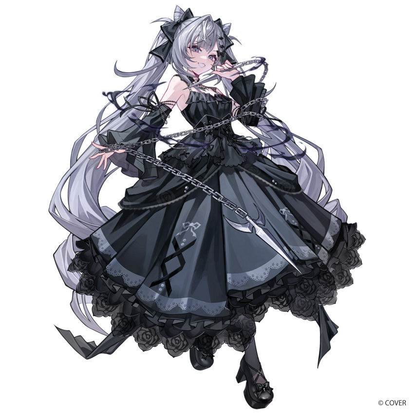 1girl, :d, black_bow, black_dress, black_shoes, black_sleeves, bow, chain_weapon