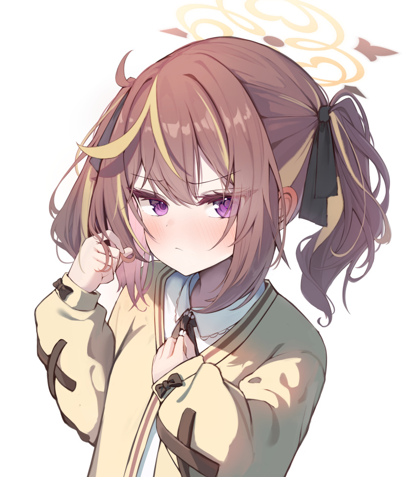 1girl, :/, absurdres, black_bow, black_ribbon, blonde_streaks, blue_archive, blush