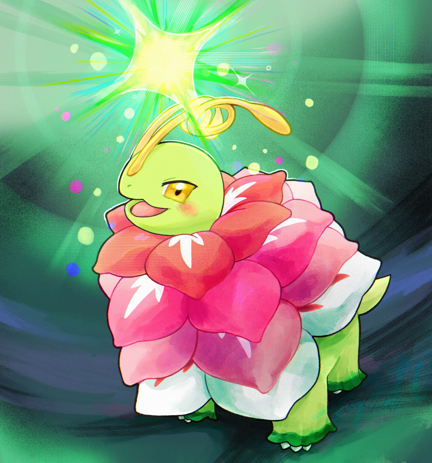 absurdres, all_fours, antennae, blush, chikolett, colored_skin, commentary_request, flower