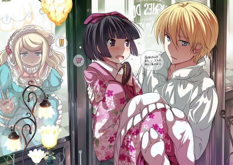 !?, against_glass, alice_blanche, aqua_eyes, black_eyes, black_hair, blonde_hair, blush