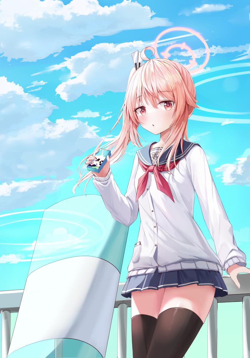1girl, absurdres, ahoge, arm_at_side, ballistic_shield, black_sailor_collar, black_shirt, black_thighhighs