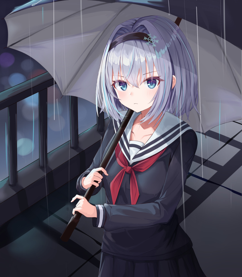 >:(, 1girl, absurdres, black_hairband, black_serafuku, black_shirt, black_skirt, blue_eyes