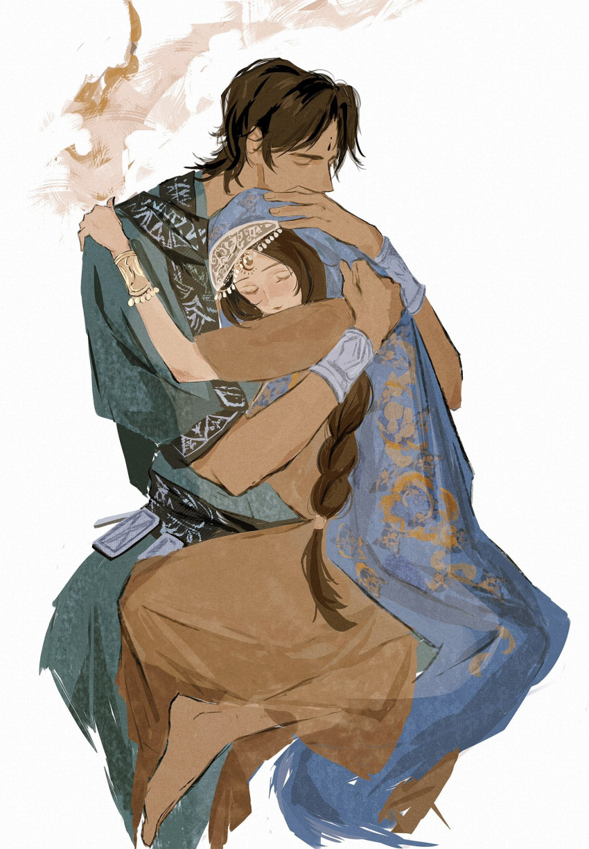 1boy, 1girl, arzu_(sultan's_game), black_hair, bracelet, braid, braided_ponytail, closed_eyes