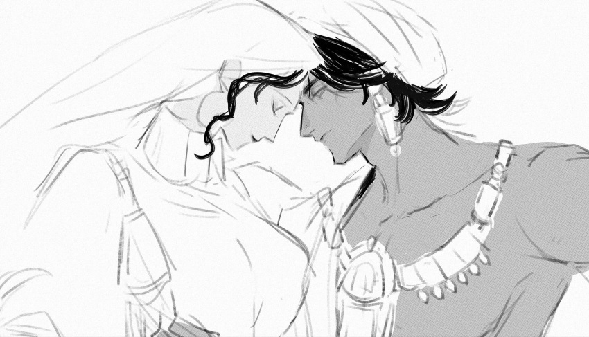 1boy, 1girl, arzu_(sultan's_game), closed_eyes, earrings, greyscale, highres, jewelry