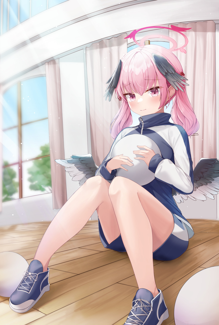1girl, \||/, absurdres, ball, black_wings, blue_archive, blue_jacket, blue_shoes