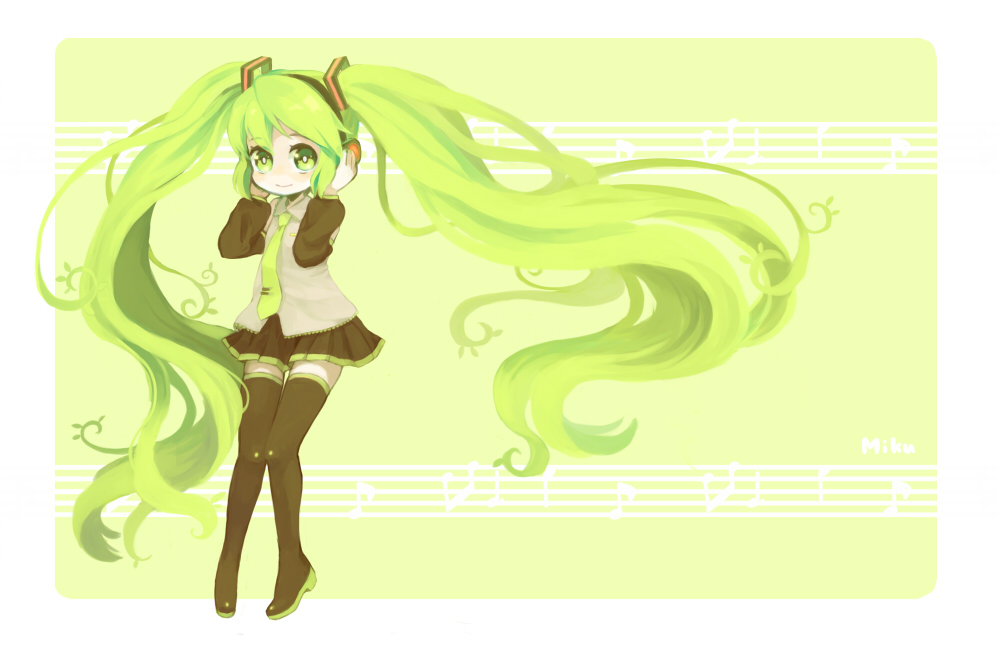 bad_id, detached_sleeves, green_eyes, green_hair, hands_on_headphones, hatsune_miku, headphones, long_hair