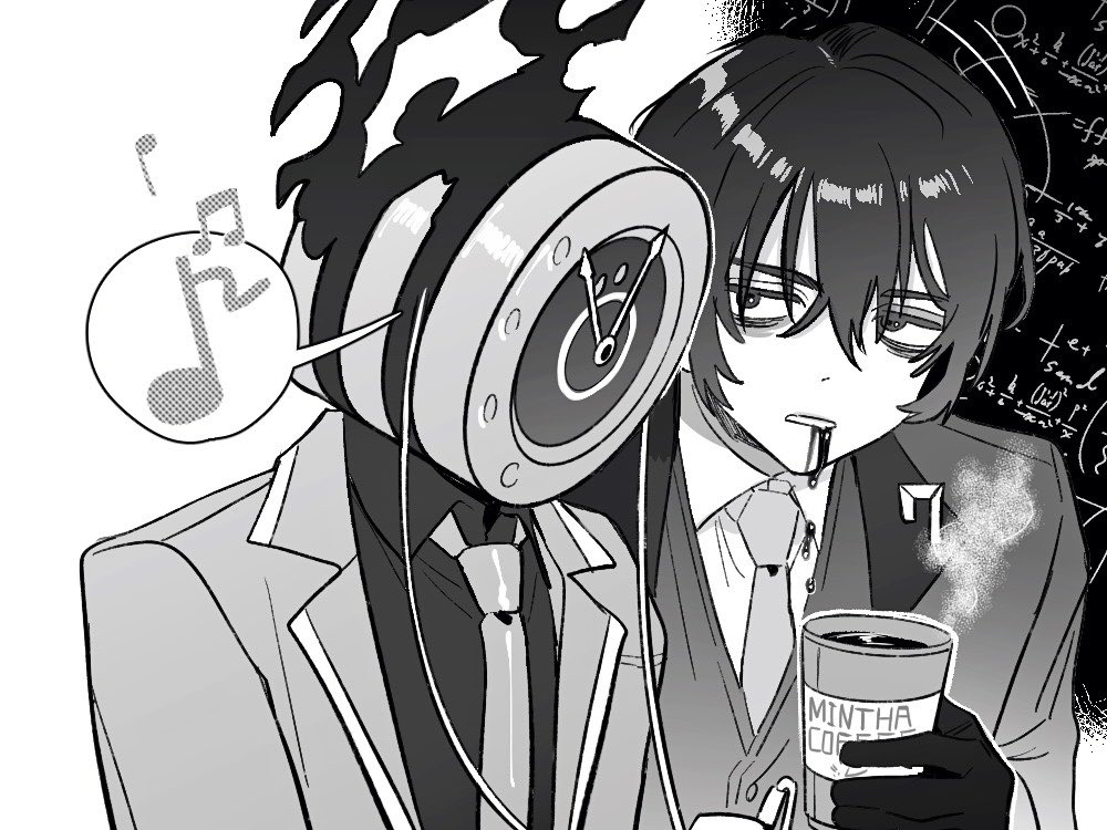 1boy, 1other, clock, collared_shirt, commentary, confused, cup, dante_(limbus_company), disposable_cup, earphones, fire, gloves, holding, holding_cup, lapels, limbus_company, math_lady_(meme), meme, necktie, notched_lapels, object_head, open_mouth, project_moon, seven_association_south_(identity)_(project_moon), seven_association_south_uniform, shirt, steam, surprised, tama_launcher, upper_body, yi_sang_(project_moon)