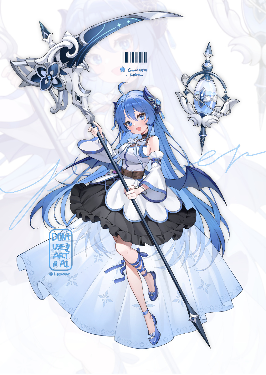 1girl, ahoge, black_skirt, blue_bow, blue_bowtie, blue_eyes, blue_hair, blue_nails