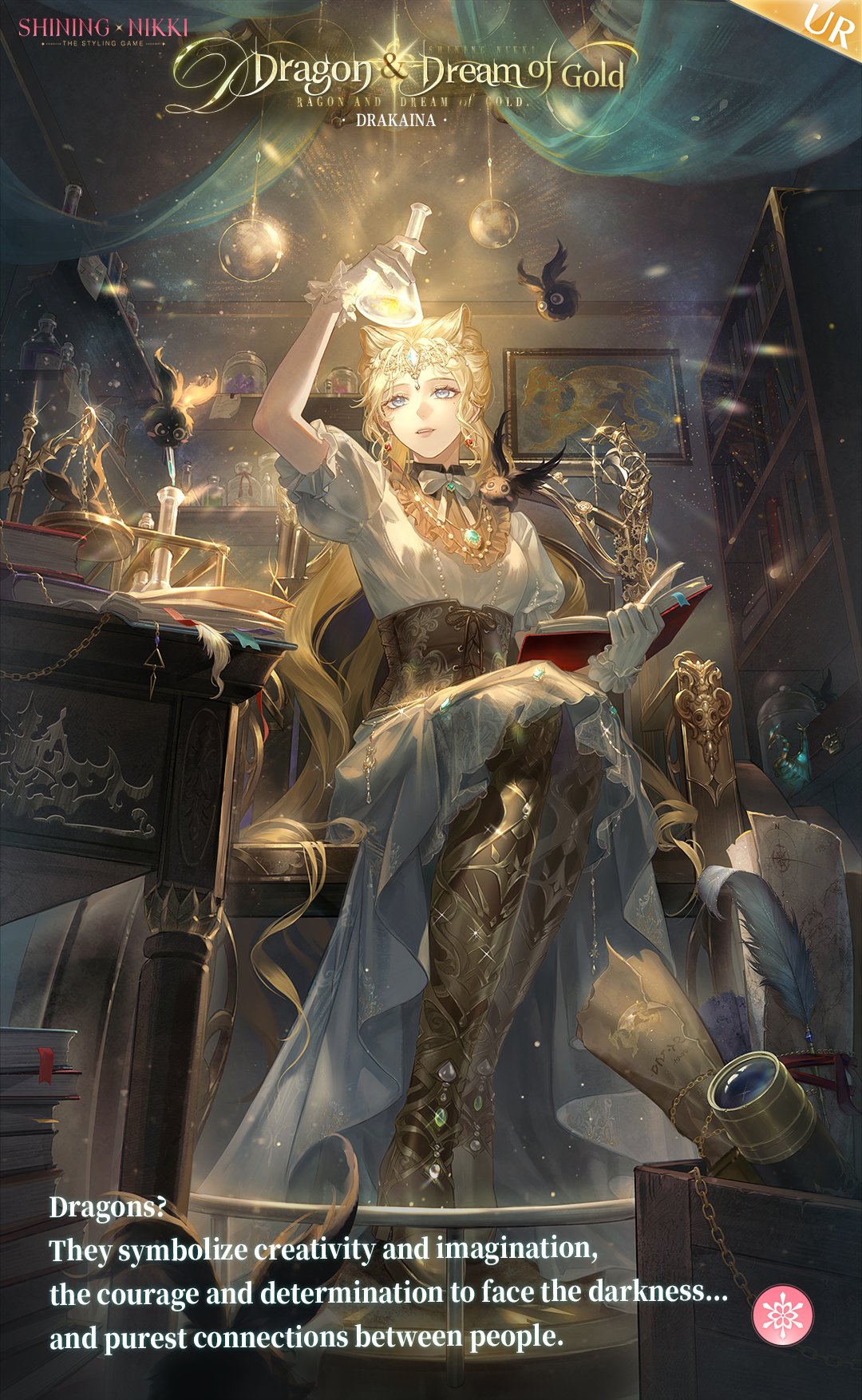 1girl, armored_boots, artist_request, blonde_hair, blue_eyes, book, book_stack, bookshelf, boots, bow, bowtie, brown_corset, candle, chain, chair, character_name, circlet, collared_dress, commentary, copyright_name, corset, curtains, dragon_&amp;_dream_of_gold_(shining_nikki), drakaina_(shining_nikki), dress, earrings, english_commentary, english_text, eyelashes, fire, frilled_gloves, frills, full_body, gloves, gold_chain, gold_circlet, gold_necklace, gown, grey_boots, hair_horns, high_collar, highres, holding, holding_beaker, holding_book, indoors, jewelry, knee_boots, light_particles, long_dress, long_hair, looking_at_object, map, necklace, nikki_(series), official_art, on_chair, open_book, painting_(object), parted_lips, puffy_short_sleeves, puffy_sleeves, quill, railing, second-party_source, shining_nikki, short_sleeves, sitting, solo, table, very_long_hair, wavy_hair, white_bow, white_bowtie, white_dress, white_gloves