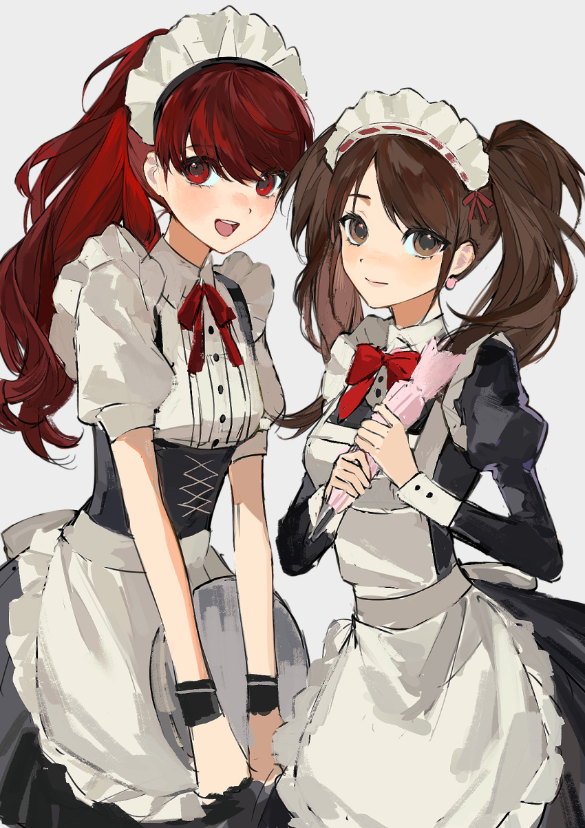2girls, apron, black_dress, black_wrist_cuffs, bow, bowtie, brown_eyes, brown_hair