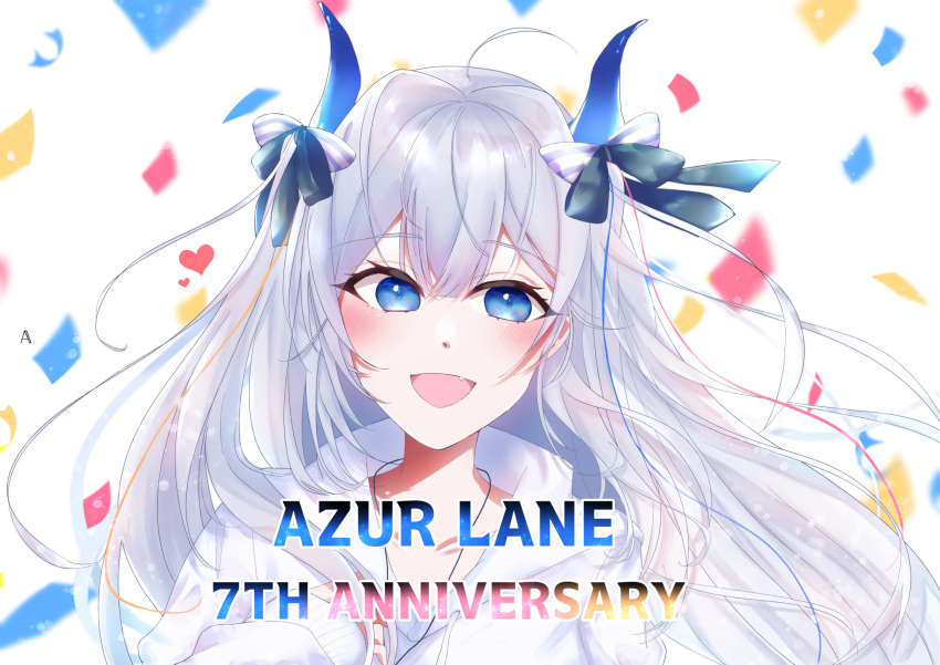 1girl, :d, anniversary, azur_lane, black_ribbon, blue_eyes, blue_horns, blush, commentary_request, confetti, copyright_name, fang, hair_ribbon, highres, horns, long_hair, looking_at_viewer, official_alternate_costume, open_mouth, ribbon, sekana_(wekqi8acvqwn60g), smile, solo, suffren_(azur_lane), suffren_(impulsive_incident)_(azur_lane), upper_body, white_hair