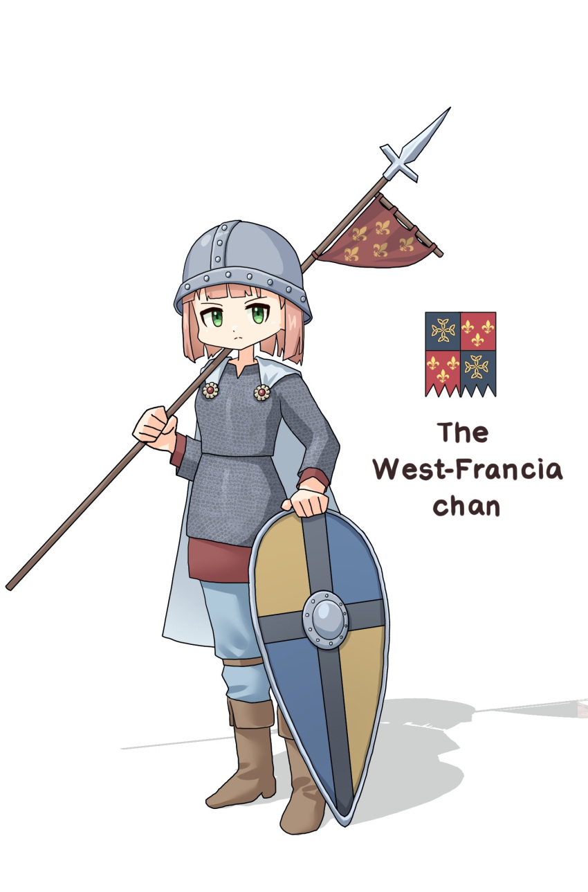 1girl, armor, banner, battle_standard, belt, boots, brooch, brown_boots