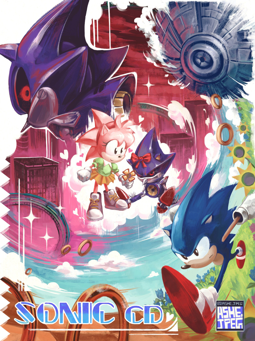 1girl, 2boys, absurdres, amy_rose, animal_ears, animal_nose, artist_name, ashejpeg, black_eyes, black_sclera, blue_fur, blue_sky, bow, bowtie, classic_amy, classic_sonic, closed_mouth, clouds, cloudy_sky, colored_sclera, commentary, day, english_commentary, flower, full_body, furry, furry_female, furry_male, giving_flower, gloves, grass, green_shirt, green_sweater, hairband, hedgehog, highres, holding, little_planet_(sonic), looking_at_another, looking_back, metal_sonic, miniskirt, multiple_boys, orange_skirt, outdoors, pink_fur, pink_hair, pleated_skirt, puffy_short_sleeves, puffy_sleeves, red_bow, red_bowtie, red_eyes, red_hairband, red_sky, ring_(sonic), robot, running, shirt, shoes, short_sleeves, sideways_mouth, skirt, sky, smile, sneakers, sonic_(series), sonic_cd, sonic_the_hedgehog, sonic_the_hedgehog_(classic), sparkle, sunflower, sweater, white_gloves, yellow_flower, yellow_skirt