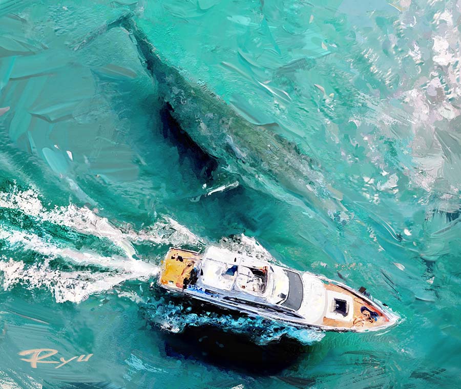 animal, artist_name, bird's_eye_view, boat, commentary_request, day, from_above, no_humans