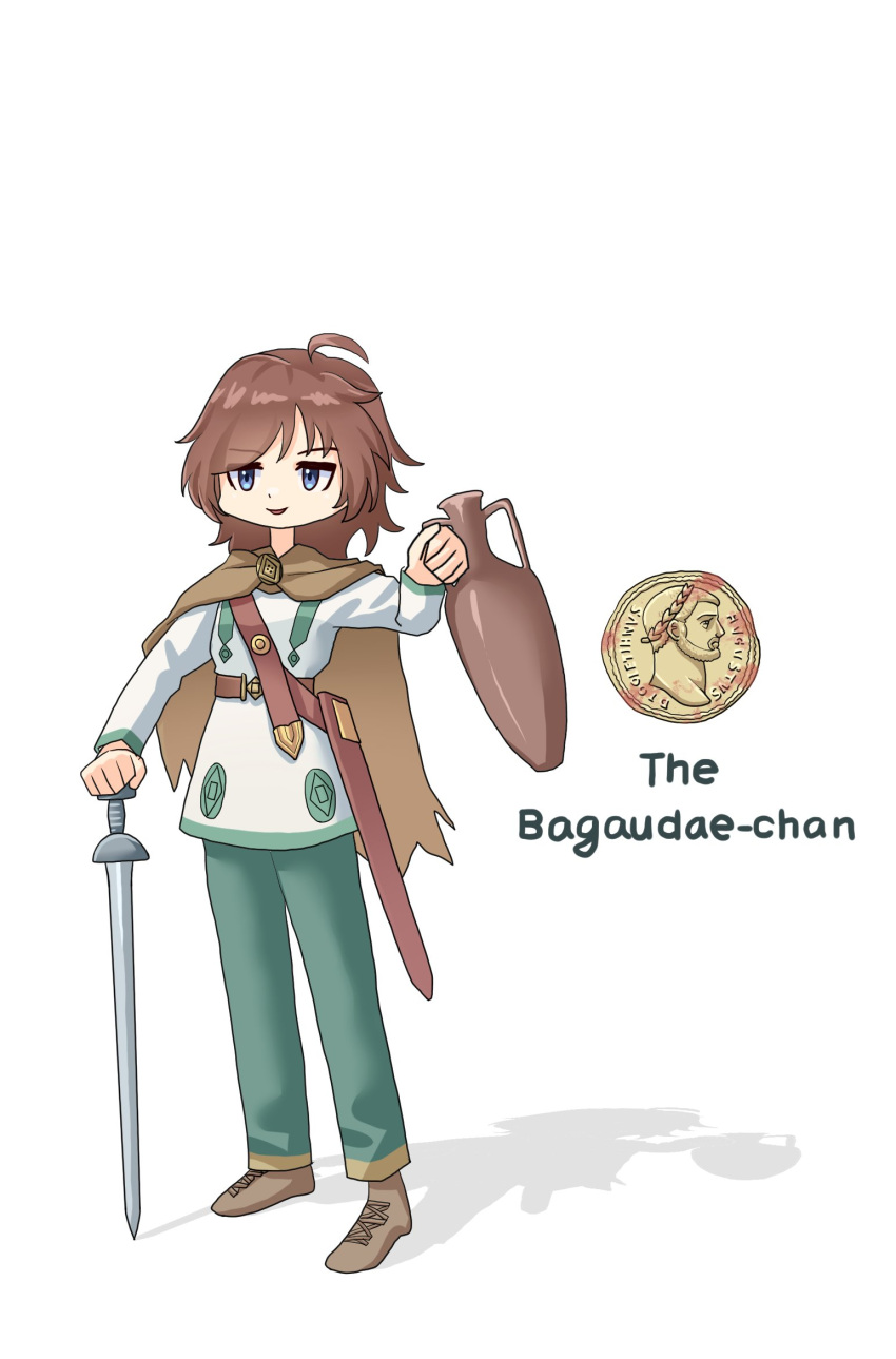 1girl, ahoge, amphora, baldric, belt, blue_eyes, brooch, brown_cloak, brown_hair, character_name, cloak, coin, embroidery, english_text, full_body, gold_coin, green_pants, green_trim, highres, holding, holding_jug, holding_sword, holding_weapon, invisible_floor, jewelry, jug_(bottle), leochan1202, looking_at_viewer, medium_hair, messy_hair, open_mouth, original, pants, rags, red_belt, roman_empire, shadow, shoes, simple_background, smile, soldier, solo, standing, sword, torn_cloak, torn_clothes, tunic, weapon, white_background, white_tunic