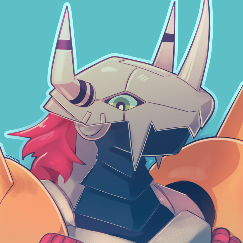 armor, blue_background, commentary, digimon, digimon_(creature), dragon, green_eyes, helmet