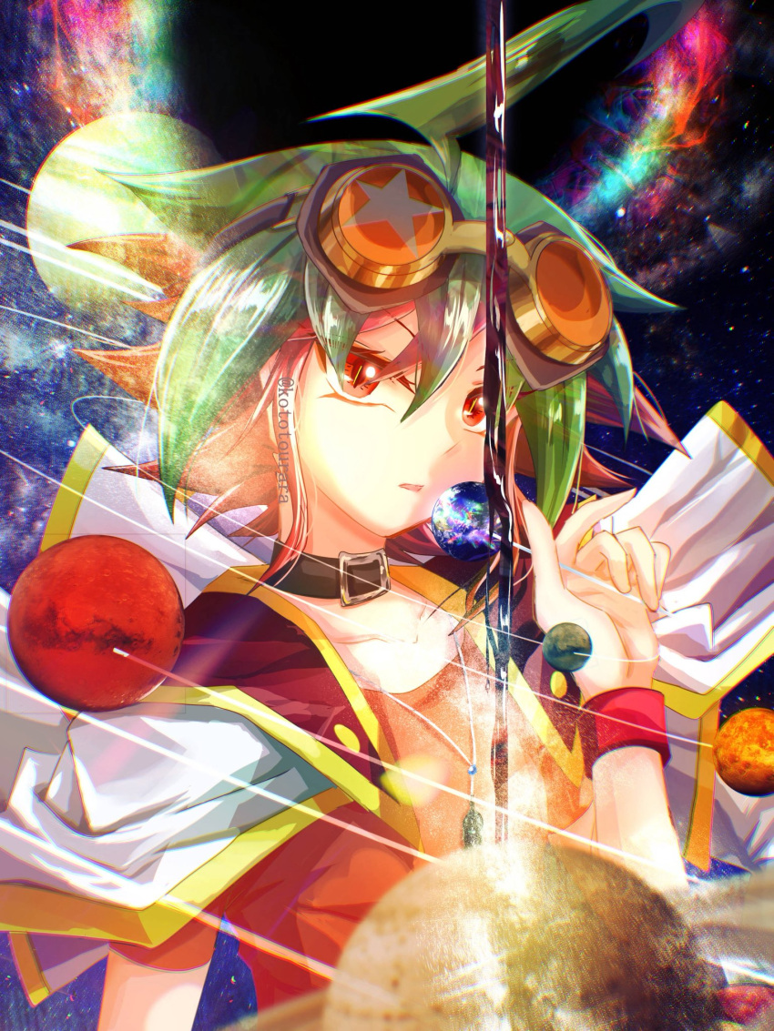 1boy, commentary_request, goggles, goggles_on_head, green_hair, highres, jacket, jacket_on_shoulders
