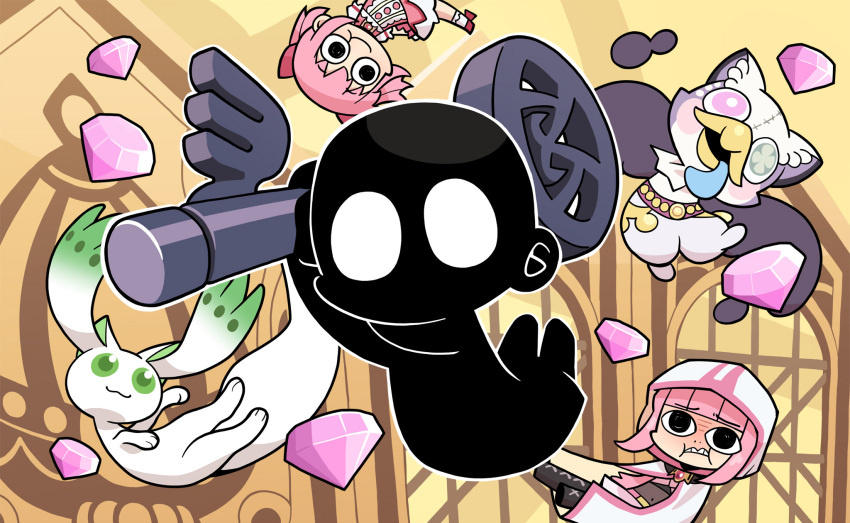3girls, 3x, a-q_(madoka_magica), artist_name, blank_eyes, card_commentary, chibi, chibi_only, commentary, creature, floating, floating_object, game_cg, gem, guest_art, highres, holding, holding_key, jumping, kaname_madoka, key, magical_girl, mahou_shoujo_madoka_magica, mahou_shoujo_madoka_magica_magia_exedra, midair, multiple_girls, namae_(magia_exedra), nighthawk_(madoka_magica), no_mouth, papa_(shimeguru), silhouette, smile, tamaki_iroha, third-party_source