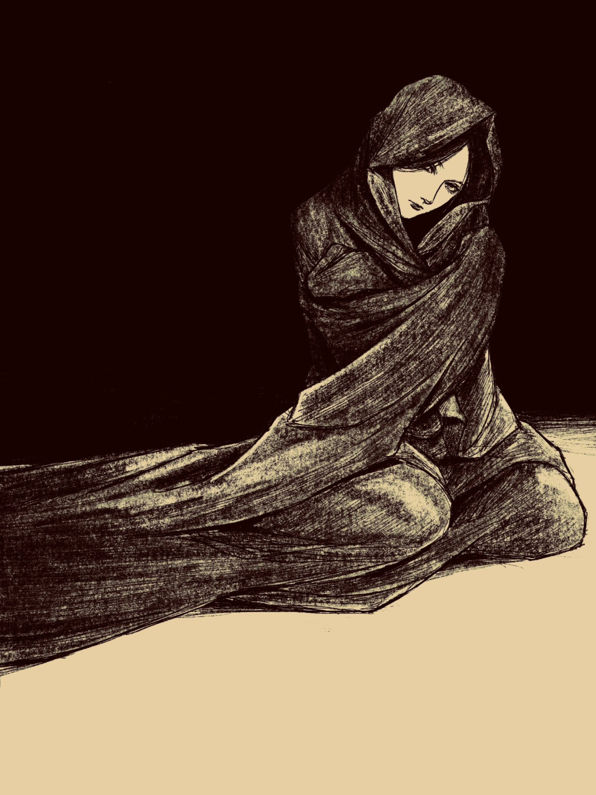 1girl, black_hair, black_outline, brown_theme, highres, hood, hood_up, hooded_robe