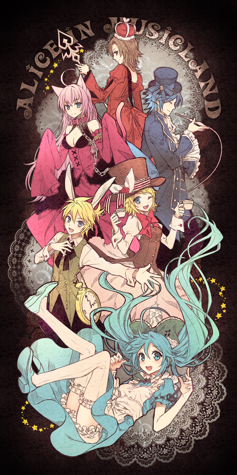 4girls, :d, ahoge, alice_in_musicland_(vocaloid), alice_in_wonderland, animal_ears, aqua_eyes, aqua_hair