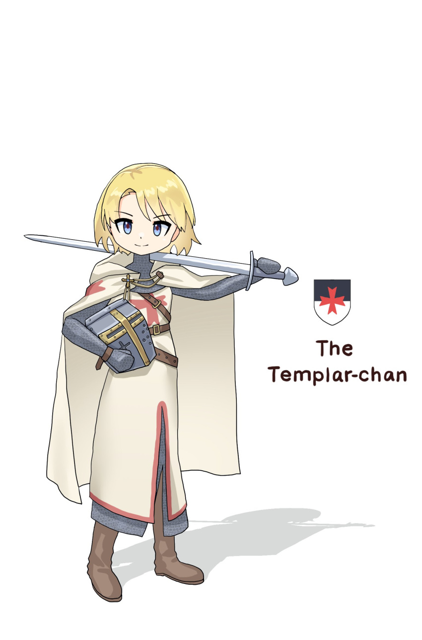 1girl, armor, belt, blonde_hair, blue_eyes, boots, brown_belt, chainmail, character_name, closed_mouth, coat_of_arms, cross, english_text, full_body, hauberk, highres, holding, holding_sword, holding_weapon, invisible_floor, knee_boots, knights_templar, leochan1202, looking_at_viewer, medieval, original, outstretched_arm, plate_armor, red_cross, shadow, short_hair, simple_background, smile, soldier, solo, standing, surcoat, sword, weapon, white_background, white_mantle