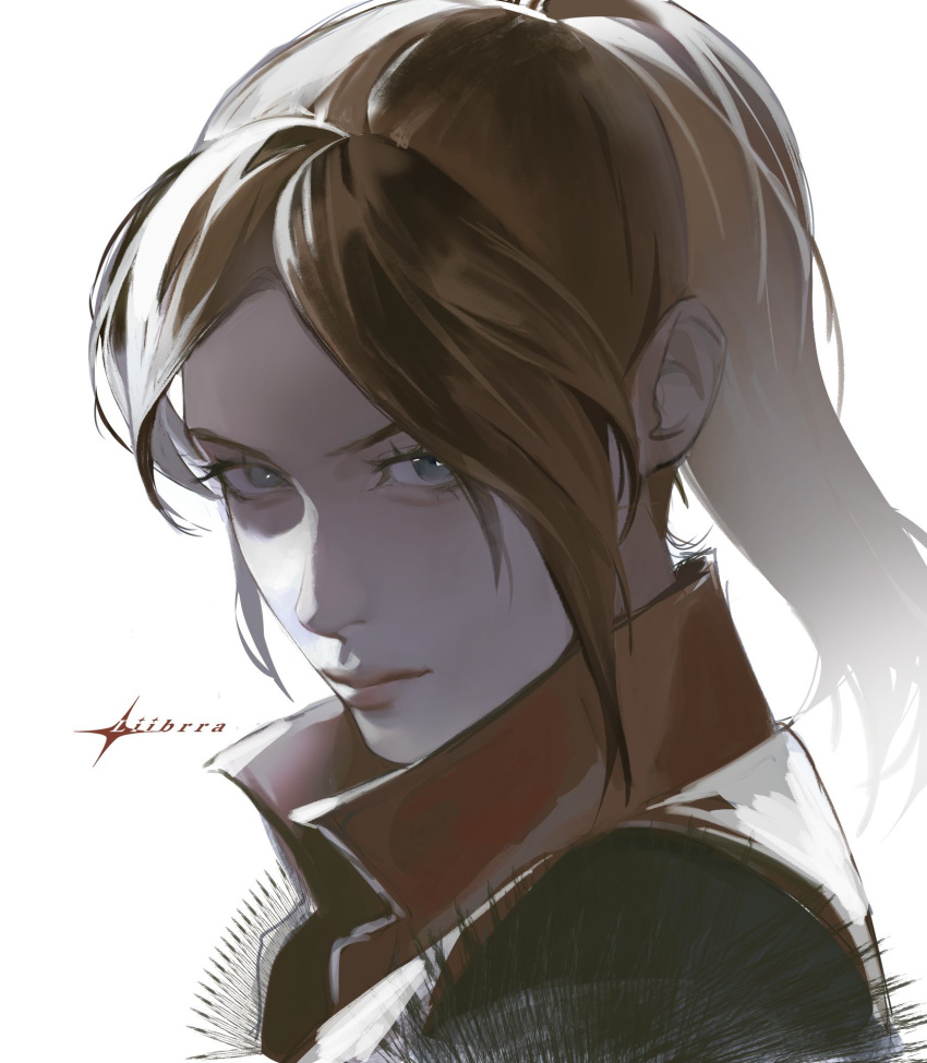 1girl, aegyo_sal, blue_eyes, brown_hair, claire_redfield, commentary, high_ponytail, highres