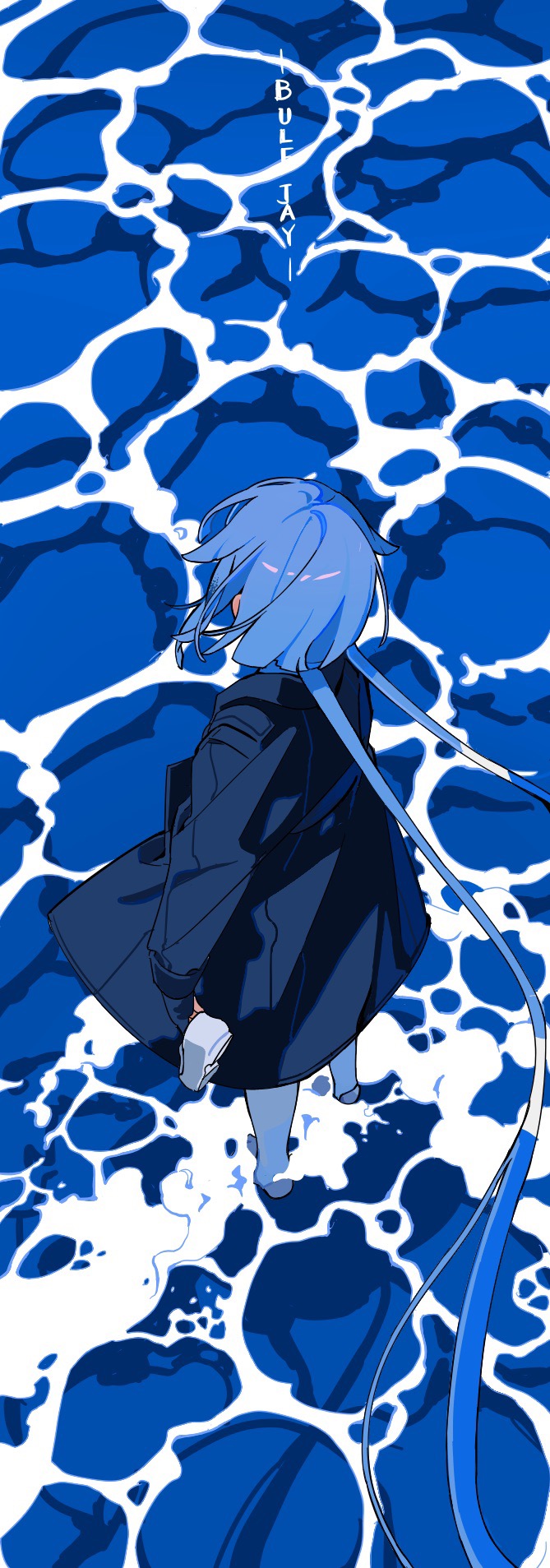 1girl, barefoot, black_coat, blue_background, blue_hair, blue_theme, chinese_commentary, coat