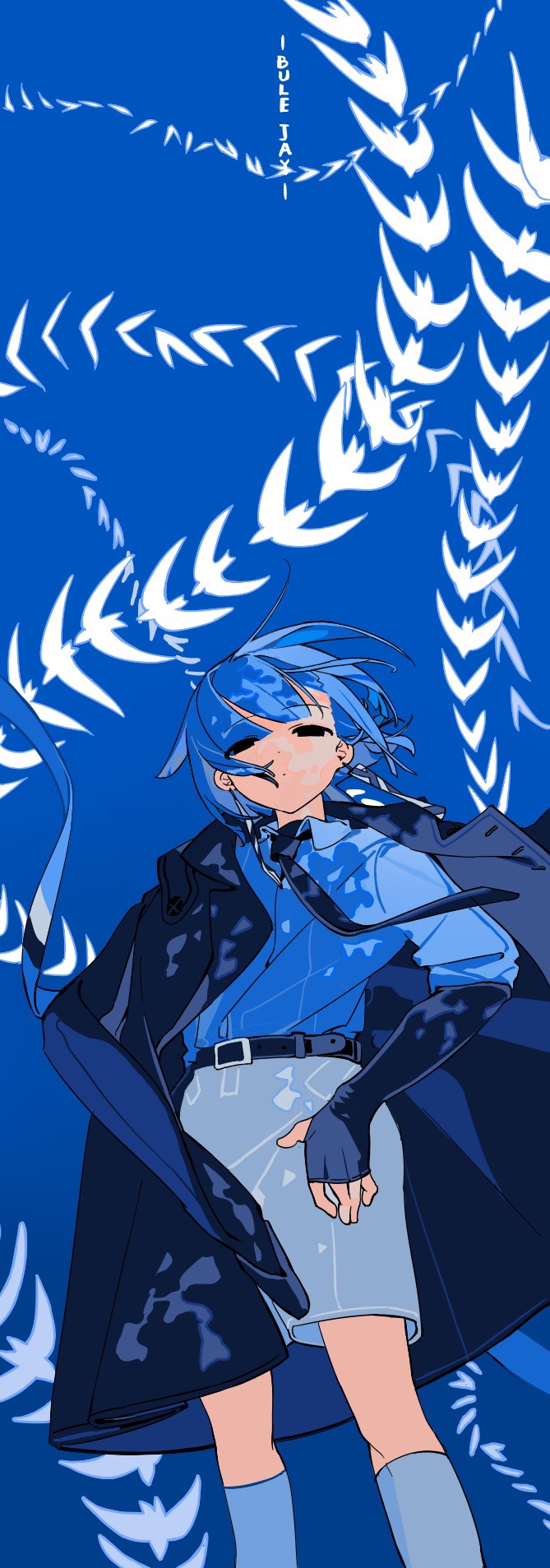 1girl, bird, black_coat, black_eyes, black_necktie, blue_background, blue_hair, blue_shirt