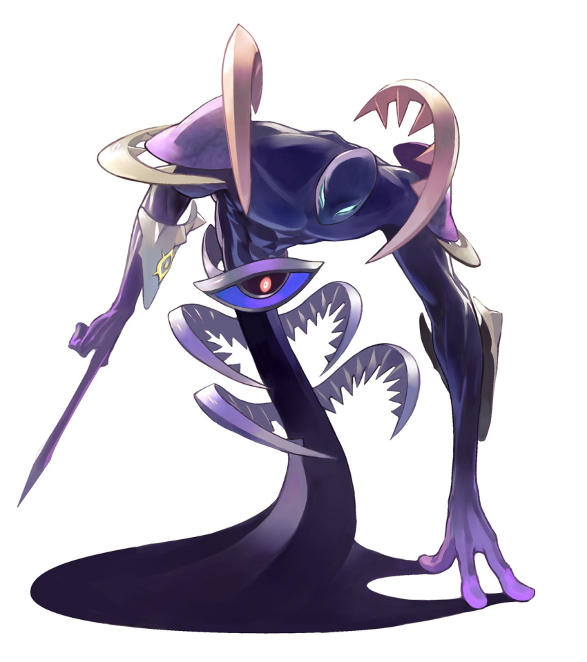 1boy, abs, blue_eyes, blue_sclera, colored_sclera, colored_skin, commentary, fujishima_kousuke, full_body, hand_on_floor, highres, looking_at_viewer, male_focus, monster, monster_focus, muscular, no_humans, official_art, purple_skin, shadow_(tales), simple_background, solo, spikes, standing, tales_of_(series), tales_of_symphonia, third-party_source, white_background