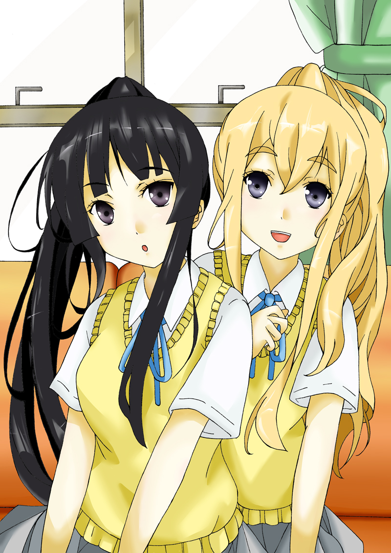 akiyama_mio, black_hair, blonde_hair, fukuma, k-on!, kotobuki_tsumugi, long_hair, multiple_girls, ponytail, school_uniform, uniform