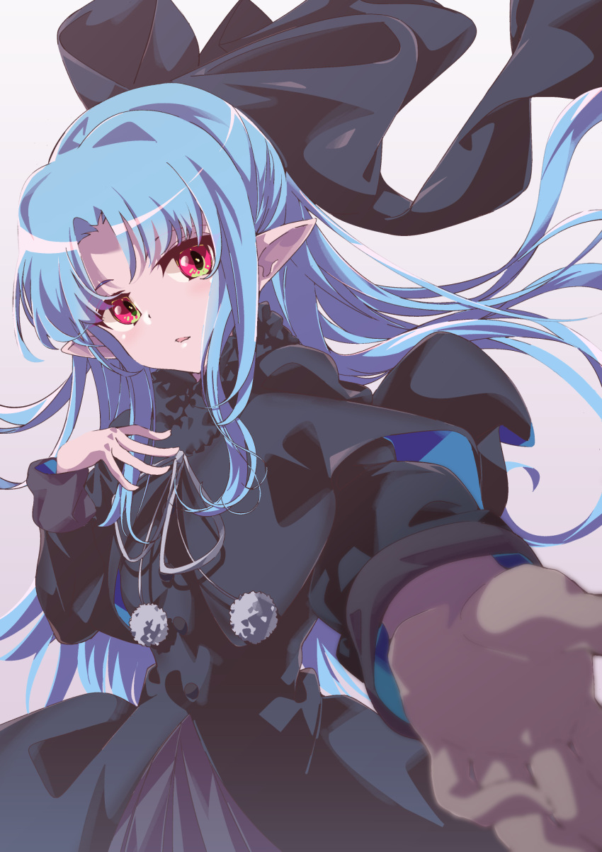 1girl, black_coat, black_ribbon, blue_hair, coat, commentary_request, commission, hair_ribbon