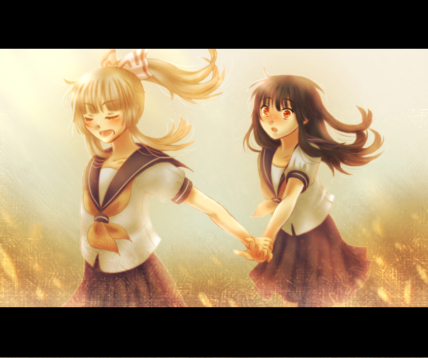 :o, black_hair, blush, bow, closed_eyes, eyes_closed, fujiwara_no_mokou, hair_bow, hand_holding, holding_hands, houraisan_kaguya, letterboxed, long_hair, multiple_girls, red_eyes, school_uniform, serafuku, skirt, sunlight, tommy_(95_tamaki_1207), touhou, uniform, white_hair, wind, yuri