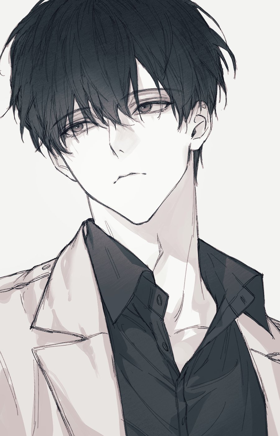 1boy, aegyo_sal, averting_eyes, collared_shirt, commentary, greyscale, head_tilt, highres