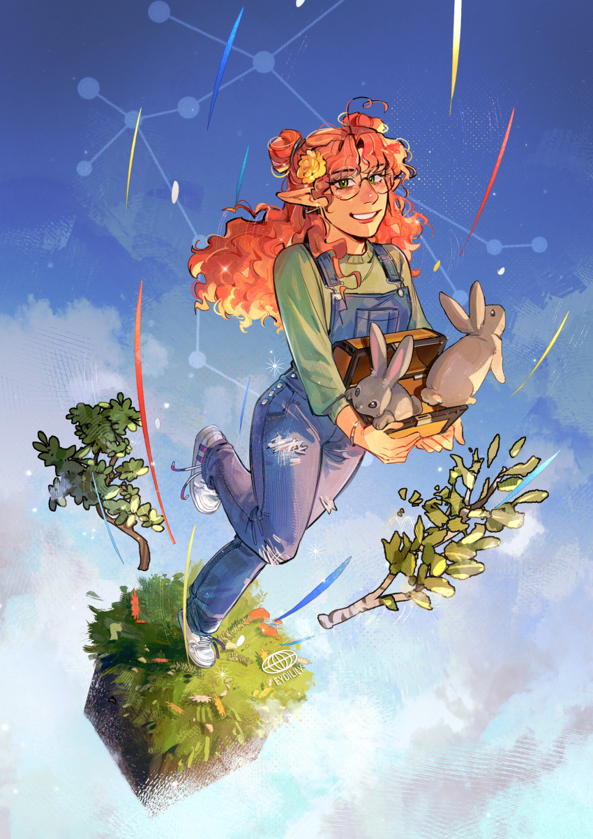 1girl, absurdres, ahoge, animal, animification, block_(minecraft), blue_overalls, chest_(furniture)