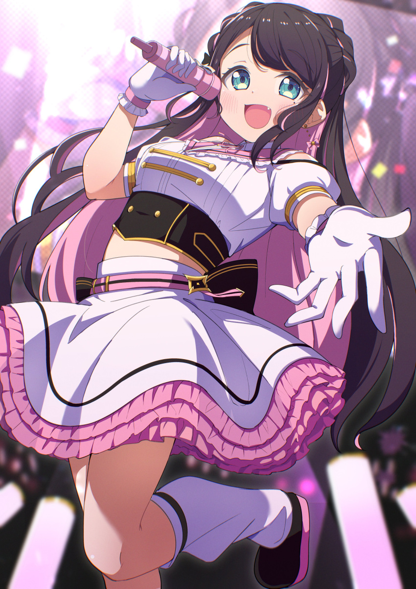 1girl, :d, absurdres, black_hair, black_shoes, blush, braid, breasts