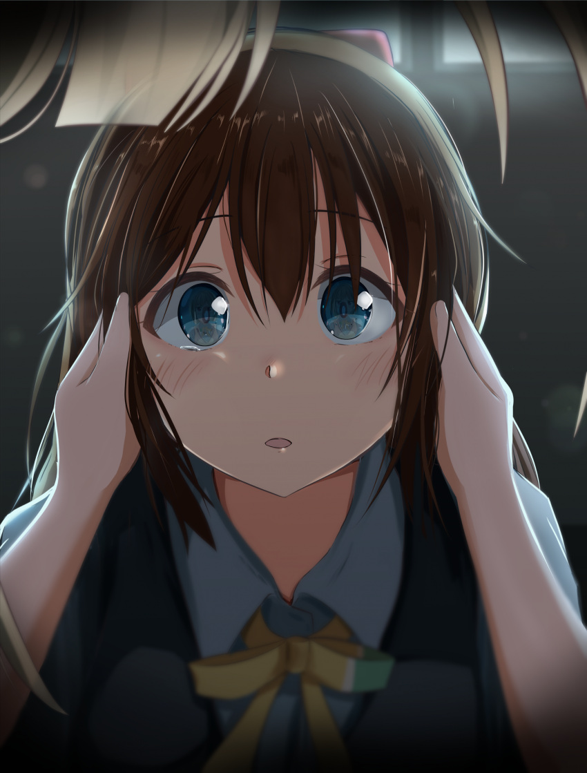 2girls, absurdres, blue_eyes, blue_shirt, blue_vest, brown_hair, commentary_request, dark_background