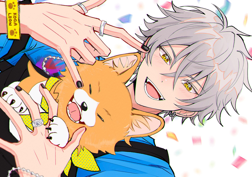 1boy, :d, absurdres, animal, bandana, black_nails, black_overalls, blue_shirt