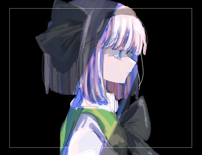 1girl, bad_id, bad_twitter_id, black_background, black_bow, black_bowtie, black_ribbon, blue_eyes