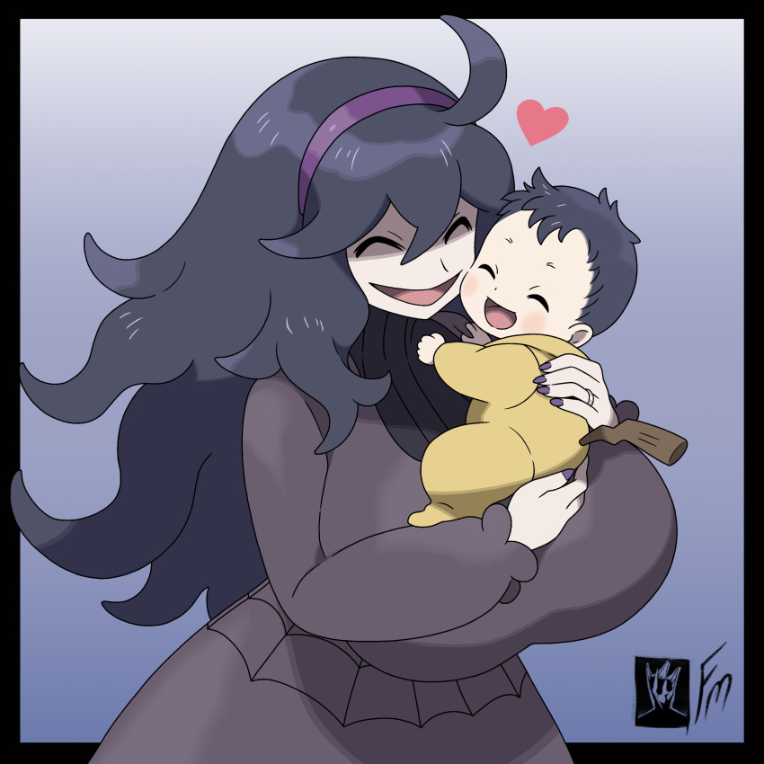 1girl, 1other, absurdres, alternate_breast_size_(larger), baby, baby_carry, breasts, carrying, carrying_baby, carrying_person, cheek-to-cheek, commentary, cosplay, dress, english_commentary, fungus-man, hairband, happy, heads_together, heart, hex_maniac_(pokemon), hex_maniac_(pokemon_xy), highres, huge_breasts, jewelry, long_hair, mother_and_child, mother_and_son, nail_polish, official_style, onesie, open_mouth, pale_skin, parent_and_child, parody, pikachu, pikachu_(cosplay), pokemon, pokemon_xy, purple_hair, ring, self-upload, smile