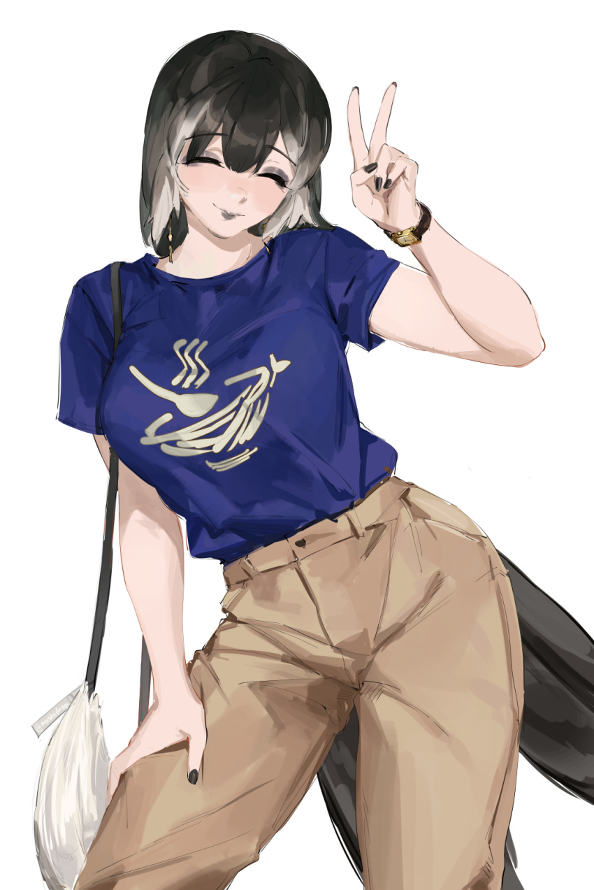 1girl, ^_^, bag, bird_tail, black_hair, black_lips, black_nails, black_tank_top
