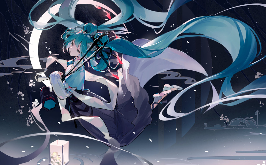 1girl, absurdres, black_dress, branch, capelet, chinese_clothes, chinese_commentary, collar, commentary_request, dress, erhu, fish, floating_hair, flower, green_capelet, green_eyes, green_hair, hatsune_miku, highres, lantern, long_hair, looking_to_the_side, pink_flower, solo, tears, tlseone, twintails, very_long_hair, vocaloid, white_collar