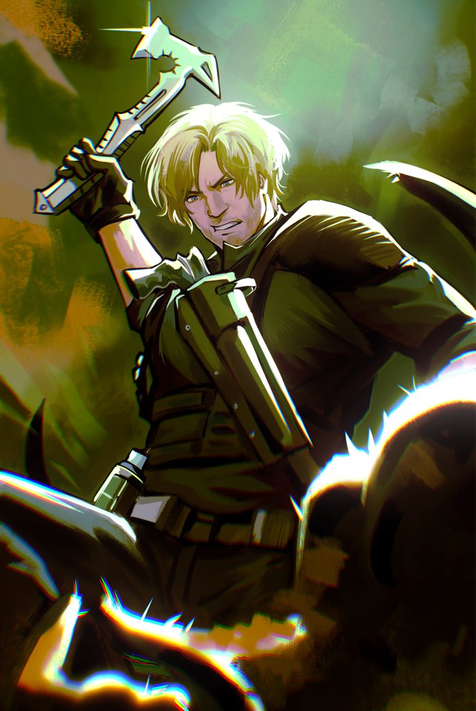 axe, belt, black_gloves, blonde_hair, blue_eyes, blue_shirt, chest_holster, clenched_teeth