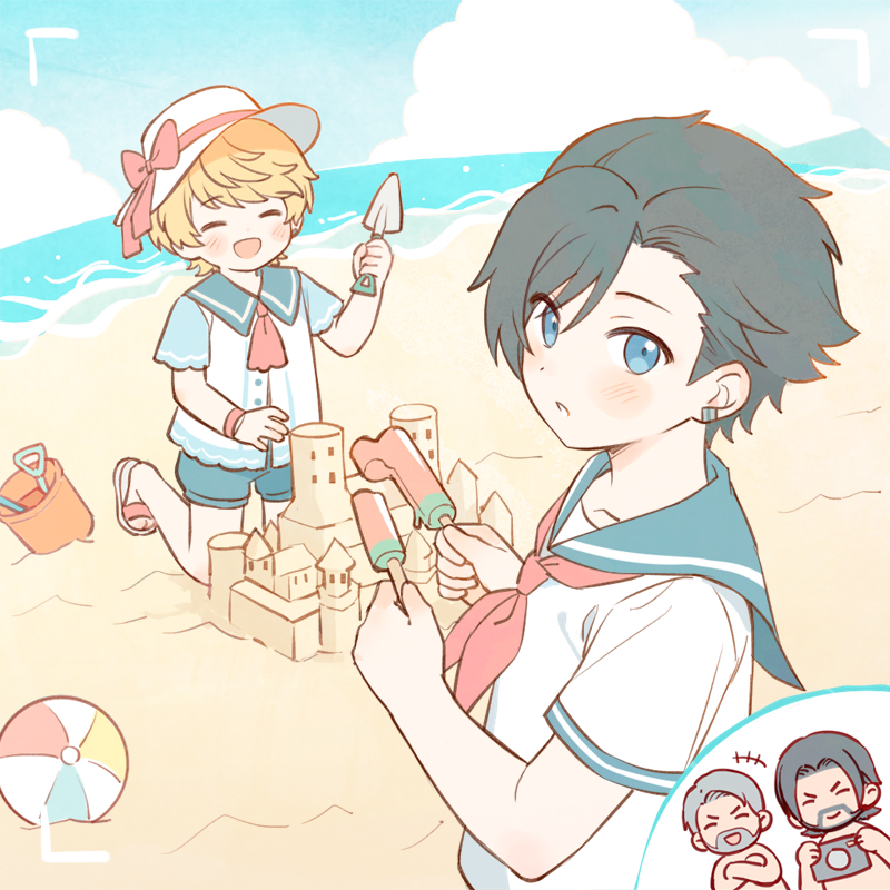 ball, beach, beachball, beard, black_hair, blonde_hair, blue_eyes, blue_sailor_collar